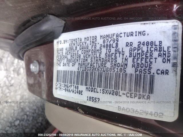 4T1BG22K6XU605105 - 1999 TOYOTA CAMRY CE/LE/XLE 栗色 照片 9