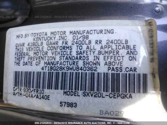 4T1BG28K9WU840362 - 1998 TOYOTA CAMRY CE/LE/XLE 灰色 照片 9