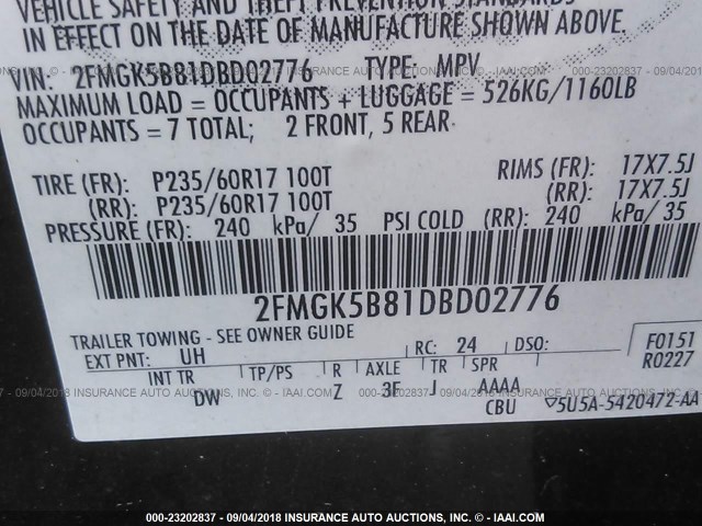 2FMGK5B81DBD02776 - 2013 FORD FLEX SE WHITE photo 9