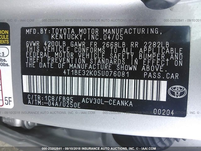 4T1BE32K05U076081 - 2005 TOYOTA CAMRY LE/XLE/SE 银色 照片 9