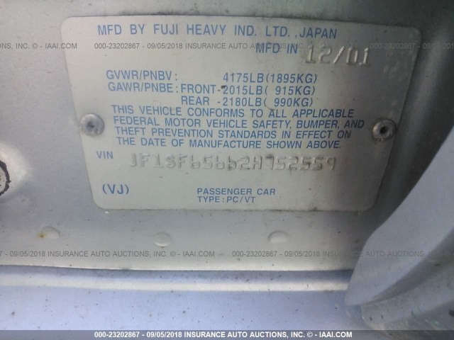 JF1SF65662H752559 - 2002 SUBARU FORESTER S ვერცხლისფერი ფოტო 9