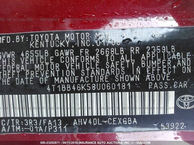 4T1BB46K58U060181 - 2008 TOYOTA CAMRY HYBRID RED photo 9