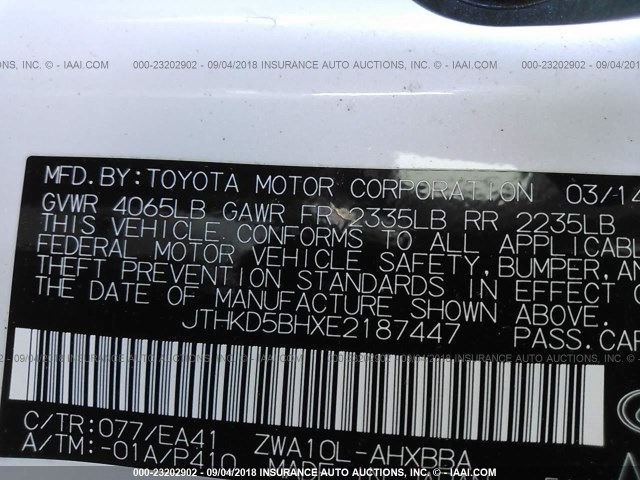 JTHKD5BHXE2187447 - 2014 LEXUS CT 200 WHITE photo 9