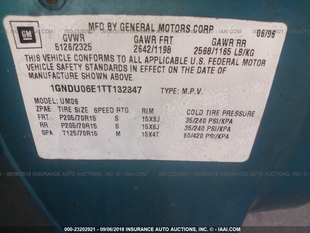 1GNDU06E1TT132347 - 1996 CHEVROLET LUMINA APV TURQUOISE photo 9