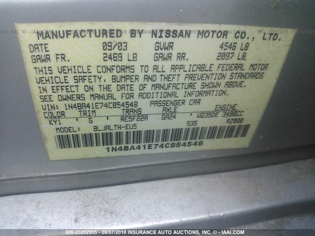 1N4BA41E74C854548 - 2004 NISSAN MAXIMA SE/SL SILVER photo 9