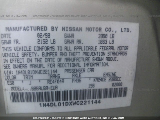 1N4DL01DXWC221144 - 1998 NISSAN ALTIMA GOLD photo 9