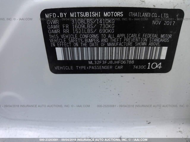 ML32F3FJ8JHF06788 - 2018 MITSUBISHI MIRAGE G4 ES Blanco foto 9