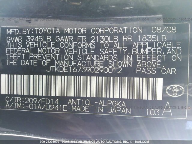 JTKDE167390290012 - 2009 TOYOTA SCION TC 黑色 照片 9