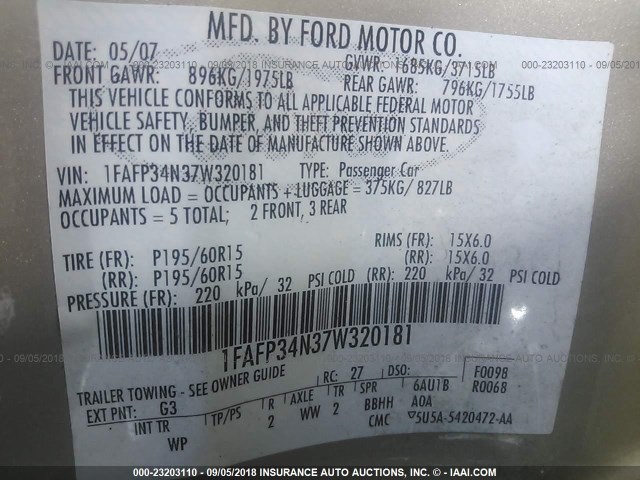 1FAFP34N37W320181 - 2007 FORD FOCUS ZX4/S/SE/SES 金色 照片 9