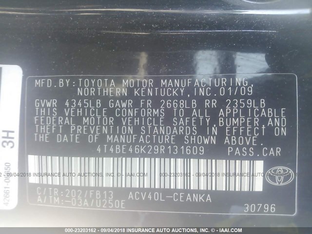 4T4BE46K29R131609 - 2009 TOYOTA CAMRY SE/LE/XLE შავი ფოტო 9