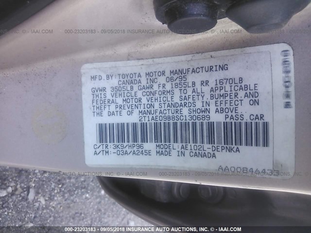 2T1AE09B8SC130689 - 1995 TOYOTA COROLLA LE/DX GOLD photo 9