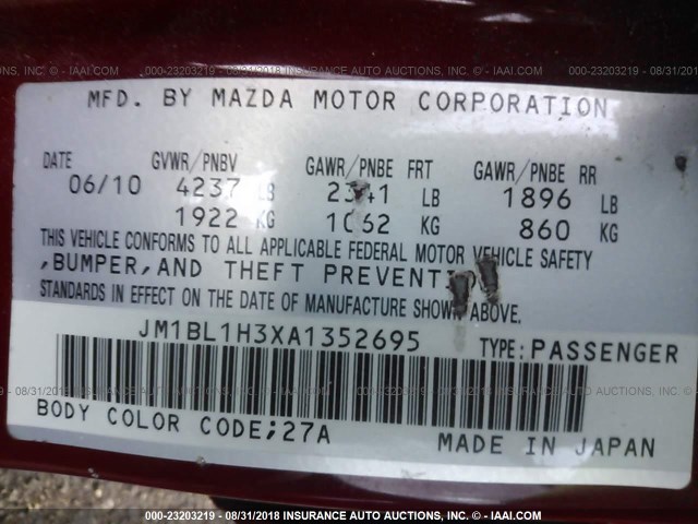 JM1BL1H3XA1352695 - 2010 MAZDA SPEED 3 RED photo 9