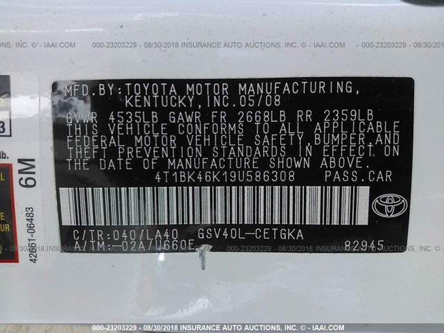 4T1BK46K19U586308 - 2009 TOYOTA CAMRY SE/LE/XLE 白色 照片 9