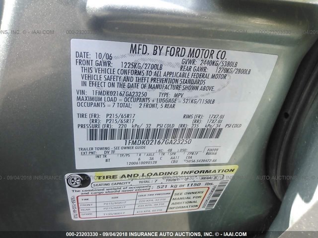 1FMDK02167GA23250 - 2007 FORD FREESTYLE SEL GREEN photo 9