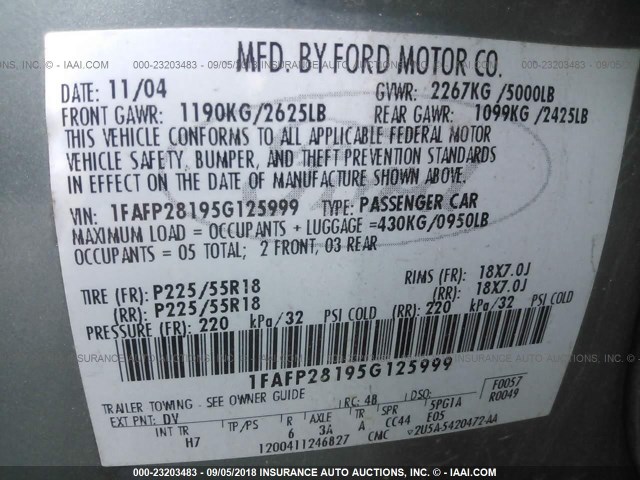 1FAFP28195G125999 - 2005 FORD FIVE HUNDRED LIMITED GREEN photo 9