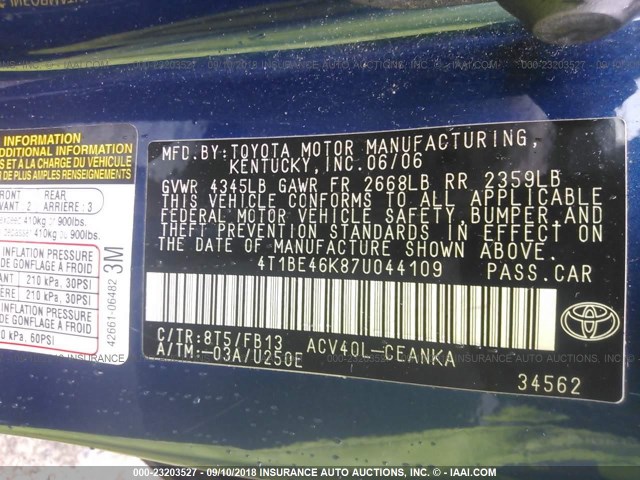 4T1BE46K87U044109 - 2007 TOYOTA CAMRY NEW GENERAT CE/LE/XLE/SE BLUE photo 9