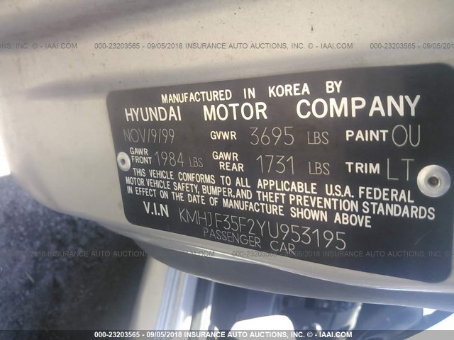 KMHJF35F2YU953195 - 2000 HYUNDAI ELANTRA GLS SILVER photo 9