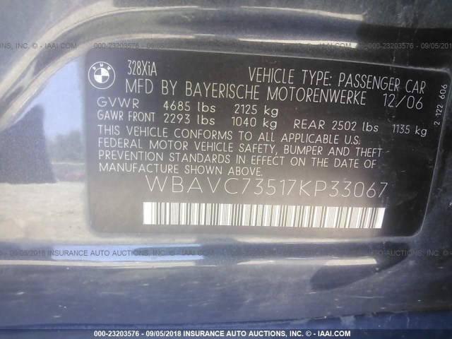 WBAVC73517KP33067 - 2007 BMW 328 XI SULEV SILVER photo 9