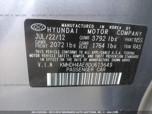 KMHDH4AE8DU613649 - 2013 HYUNDAI ELANTRA GLS/LIMITED GRAY photo 9