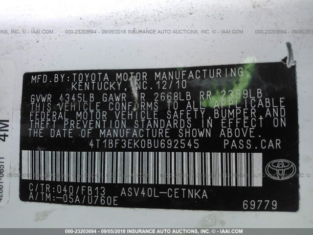 4T1BF3EK0BU692545 - 2011 TOYOTA CAMRY SE/LE/XLE თეთრი ფოტო 9