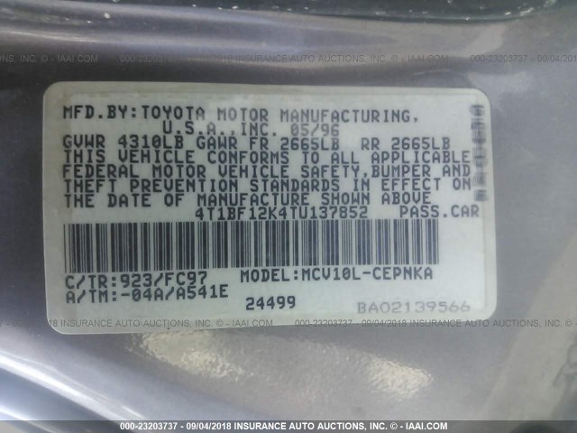 4T1BF12K4TU137852 - 1996 TOYOTA CAMRY LE/XLE/SE Сұр фото 9
