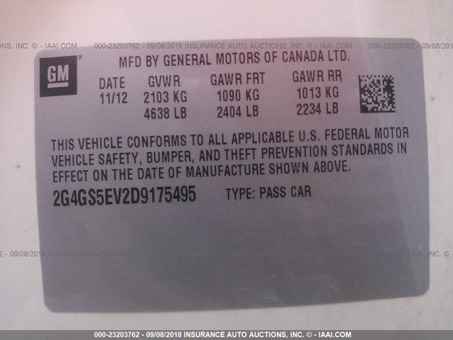 2G4GS5EV2D9175495 - 2013 BUICK REGAL PREMIUM WHITE photo 9