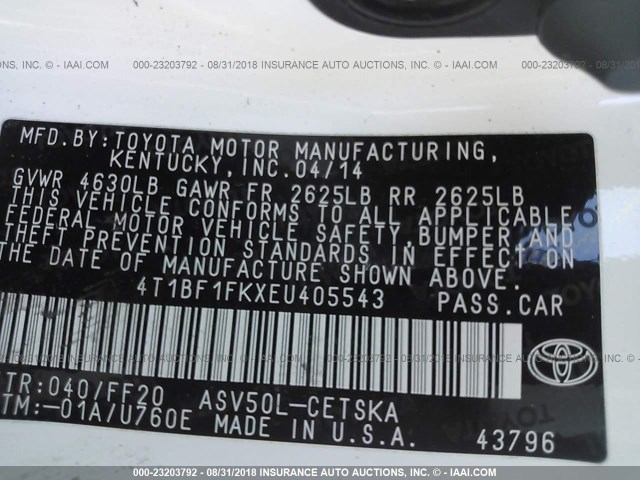 4T1BF1FKXEU405543 - 2014 TOYOTA CAMRY L/SE/LE/XLE Ağ foto 9