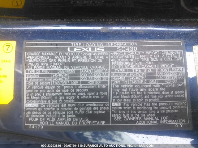 JTHFN48Y420029855 - 2002 LEXUS SC 430 BLUE photo 9