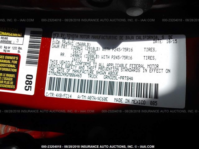 3TMAZ5CN9GM006465 - 2016 TOYOTA TACOMA DBL CAB/SR5/TRD SPORT/OR ORANGE photo 9
