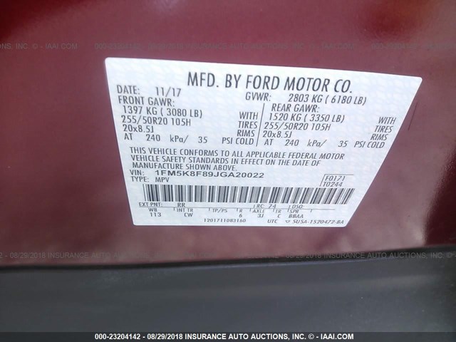 1FM5K8F89JGA20022 - 2018 FORD EXPLORER LIMITED 红色 照片 9