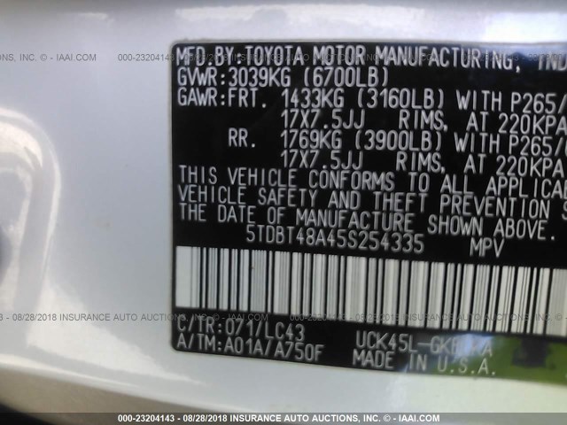5TDBT48A45S254335 - 2005 TOYOTA SEQUOIA LIMITED WHITE photo 9