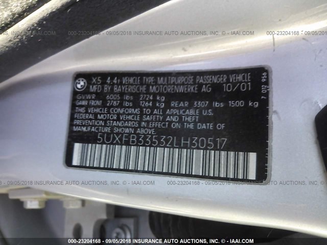 5UXFB33532LH30517 - 2002 BMW X5 4.4I SILVER photo 9