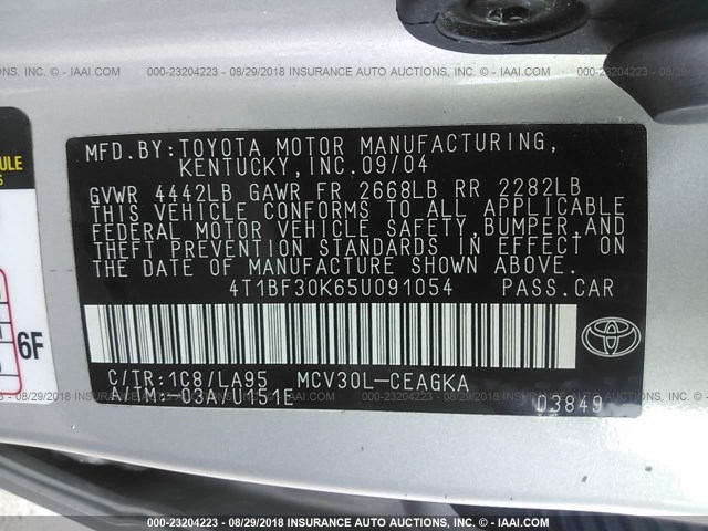 4T1BF30K65U091054 - 2005 TOYOTA CAMRY LE/XLE/SE 银色 照片 9