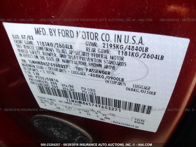 1LNHM86S74Y603271 - 2004 LINCOLN LS Qırmızı foto 9