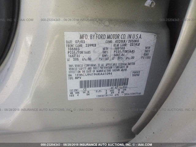 1FMCU94194KA41094 - 2004 FORD ESCAPE LIMITED Pewter photo 9