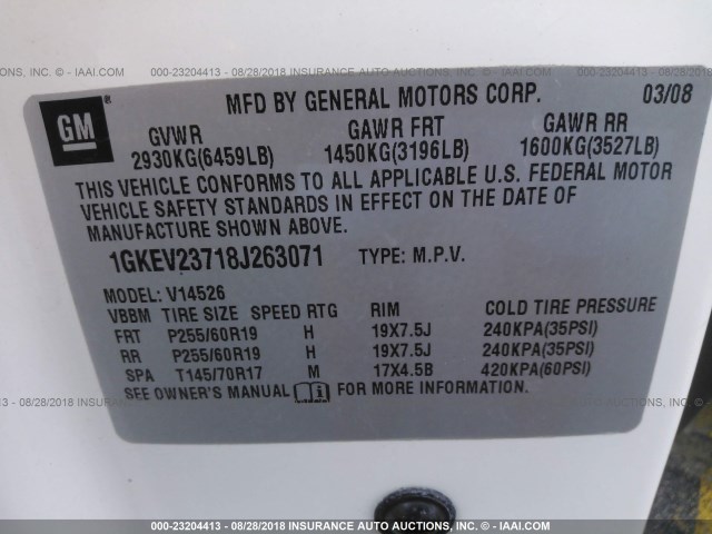 1GKEV23718J263071 - 2008 GMC ACADIA SLT-1 Biały zdjęcie 9