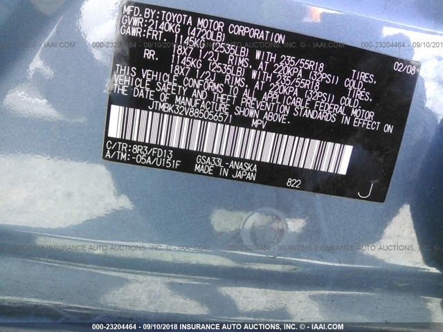 JTMBK32V885056571 - 2008 TOYOTA RAV4 SPORT BLUE photo 9