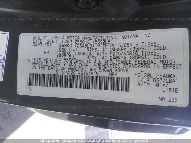 5TDZA22C14S104815 - 2004 TOYOTA SIENNA XLE/XLE LIMITED GRAY photo 9