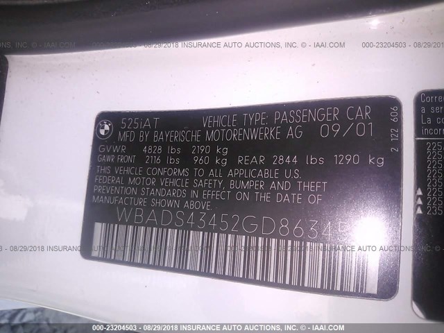 WBADS43452GD86345 - 2002 BMW 525 IT AUTOMATIC თეთრი ფოტო 9