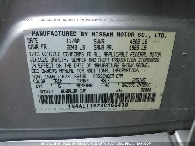 1N4AL11E73C166438 - 2003 NISSAN ALTIMA S/SL SILVER photo 8