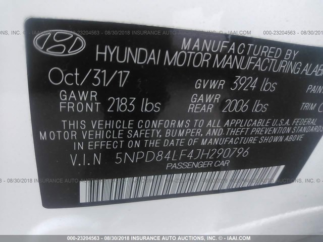 5NPD84LF4JH290796 - 2018 HYUNDAI ELANTRA SEL/VALUE/LIMITED WHITE photo 9