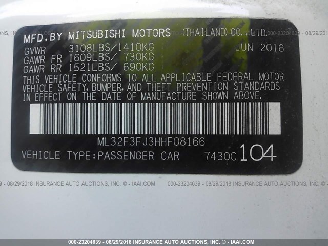 ML32F3FJ3HHF08166 - 2017 MITSUBISHI MIRAGE G4 ES Ağ foto 9