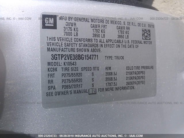 3GTP2VE38BG154771 - 2011 GMC SIERRA K1500 SLE SILVER photo 9