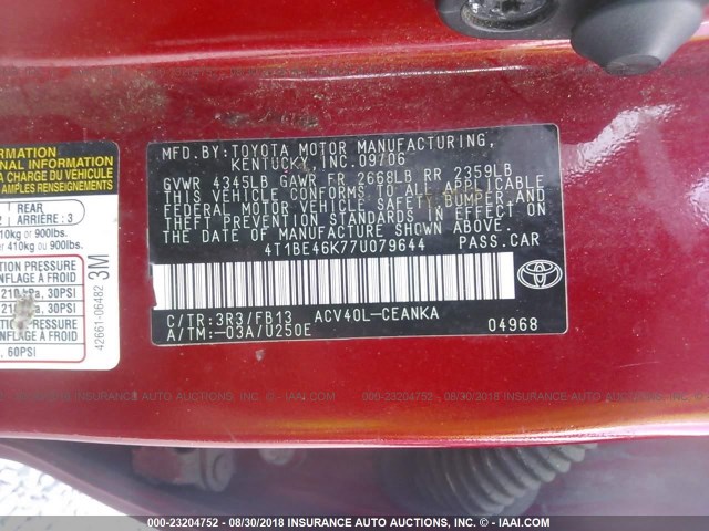 4T1BE46K77U079644 - 2007 TOYOTA CAMRY NEW GENERAT CE/LE/XLE/SE RED photo 9