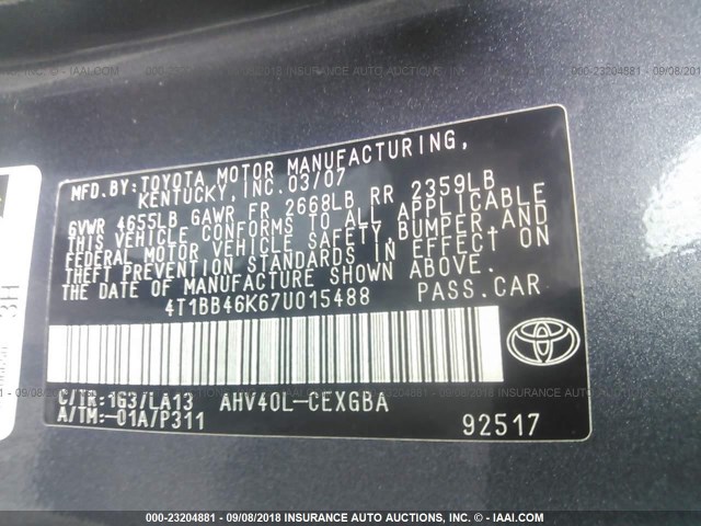 4T1BB46K67U015488 - 2007 TOYOTA CAMRY NEW GENERAT HYBRID GRAY photo 9