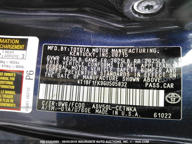 4T1BF1FK9GU505832 - 2016 TOYOTA CAMRY LE/XLE/SE/XSE BLUE photo 9