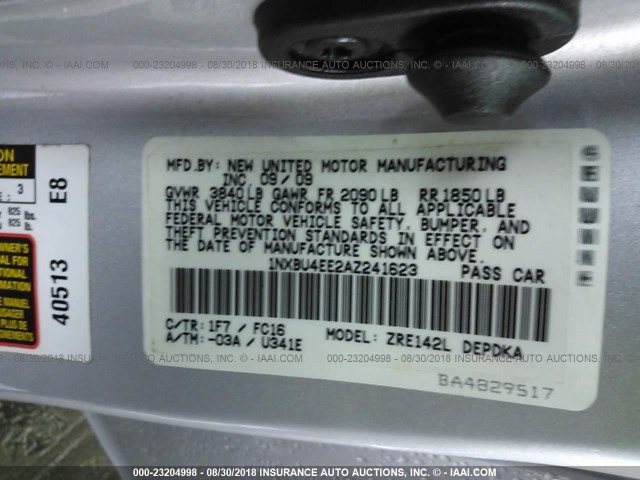 1NXBU4EE2AZ241623 - 2010 TOYOTA COROLLA S/LE/XLE SILVER photo 9