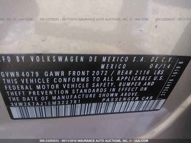 3VW2K7AJ1EM322781 - 2014 VOLKSWAGEN JETTA S ოქროსფერი ფოტო 9