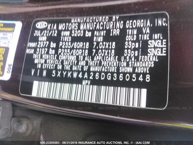 5XYKW4A26DG360548 - 2013 KIA SORENTO SX PURPLE photo 9