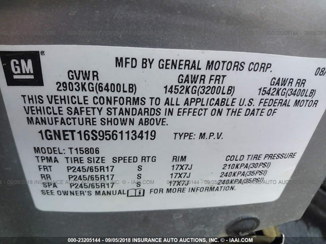 1GNET16S956113419 - 2005 CHEVROLET TRAILBLAZER EXT LS/EXT LT SILVER photo 9